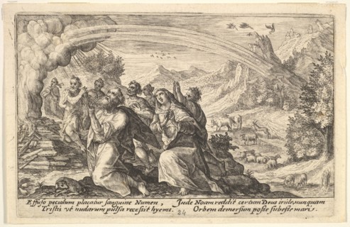God enters into a covenant with Noah: next to a smoking pyre Noah kneels in a gesture of p..., 1612. Creator: Crispijn de Passe I.
