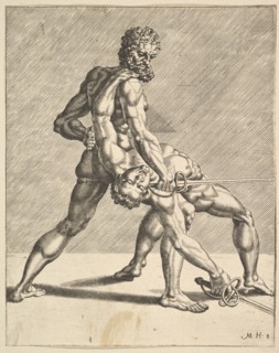 Two Fencers, from Fencers, plate 8, 1552. Creators: Dirck Volkertsen Coornhert, Cornelis Bos.