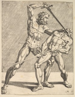 Two Fencers, from Fencers, plate 7, 1552. Creators: Dirck Volkertsen Coornhert, Cornelis Bos.