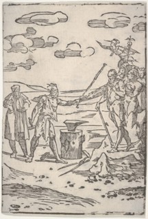 The forger standing by an anvil pulling a man in chains, from the series 'The var..., ca. 1540-1550. Creator: Domenico Beccafumi.