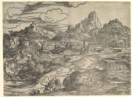 Landscape with family walking together in the foreground, at left two figures with ..., ca. 1535-40. Creator: Domenico Campagnola.