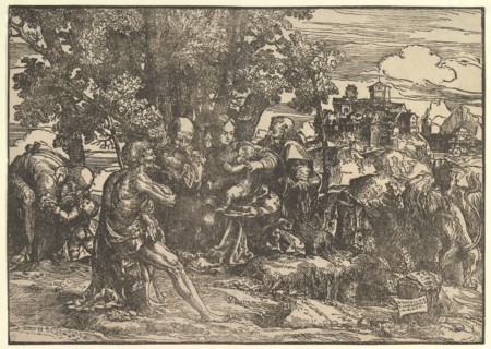 Mary seated beneath trees with baby, flanked by Joseph at left and St. Jerome at right; St..., 1517. Creator: Domenico Campagnola.