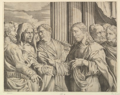 The Triubute Money: Christ at center right gesturing to man at his left with coins ..., ca. 1564-89. Creator: Domenico Campagnola.