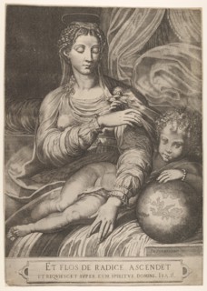 Madonna of the Rose, she reaches for a rose held by the Christ child, who rests his lef..., 1560-75. Creator: Domenico Tibaldi.