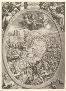 The Battle of Mühlberg with the army of Charles V crossing the Elbe River, 1551. Creator: Enea Vico.