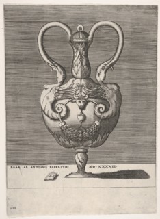 Antique Lidded Vase with Two Handles emerging from the Heads of Hybrid Female Sph..., 1543 or after. Creator: Enea Vico.