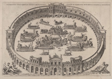 Naval engagement set inside a Roman arena, with the river Tiber and nymphs at lower lef..., 1577-85. Creator: Etienne Duperac.