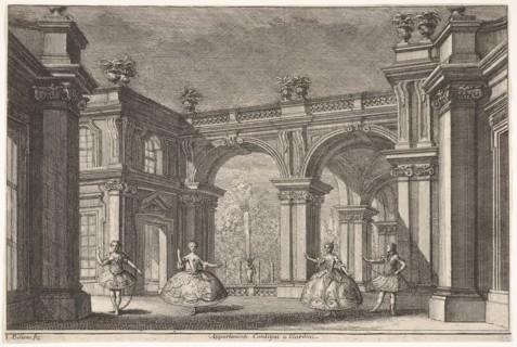 Two ladies and two gentlemen dancing within an ornate architectural setting, a fountain at..., 1765. Creator: Francesco Galli Bibiena.