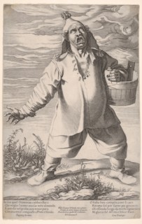 Geminiano Caldarostaro crying out and holding a tub, with a tasseled hat , ca. 1597-1601. Creator: Francesco Villamena.