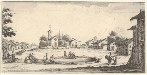 Plate 6: view of a village with a horse trough in center, horses and houses to either s..., 1636-61. Creator: Francois Collignon.