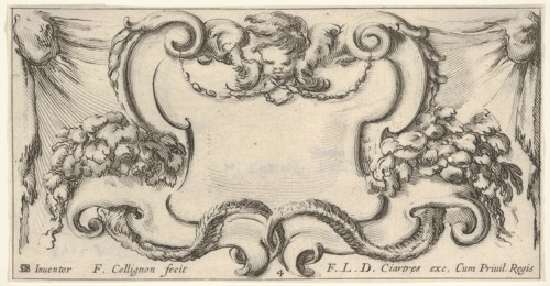 Plate 4: a cartouche with the head of a cherub at top center, leaves and flowers to..., ca. 1640-45. Creator: Francois Collignon.
