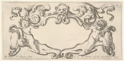 Plate 1: a cartouche with a lion head with wings at top center, a putto holding a b..., ca. 1640-45. Creator: Francois Collignon.