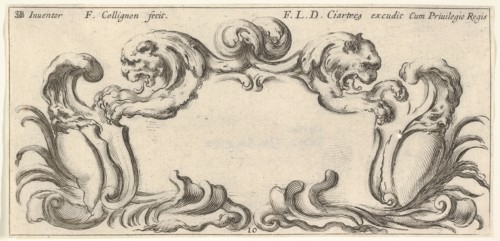 Plate 10: a cartouche with the heads of two lions in profile to left and right in t..., ca. 1640-45. Creator: Francois Collignon.