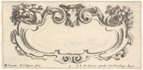Plate 9: a cartouche with the head of a ram at top center, flowers at top left and ..., ca. 1640-45. Creator: Francois Collignon.
