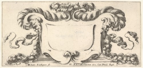 Plate 11: a cartouche with fruits, flowers, and leaves at top, a mask of a faun in ..., ca. 1640-45. Creator: Francois Collignon.