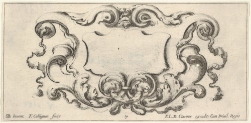 Plate 7: a cartouche with the mask of an ogre at top center, scrollwork to either s..., ca. 1640-45. Creator: Francois Collignon.