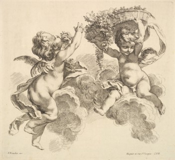 Two Children, One Holding a Basket with Flowers, 1738-45. Creator: Gabriel Huquier.