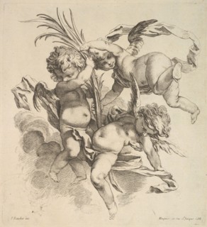 Three Children Among Clouds Near a Palm Leaf, 1738-45. Creator: Gabriel Huquier.