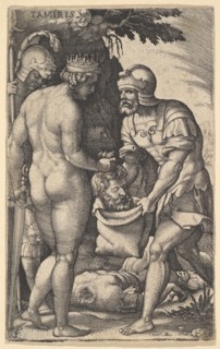 Tomyris, shown nude from behind, placing the head of Cyrus into a sack held by a soldi..., ca. 1539. Creator: Georg Pencz.
