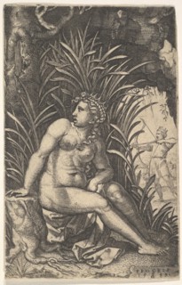 Cephalus and Procris: Procris turns her head over her right shoulder while seated nude in ..., 1539. Creator: Georg Pencz.