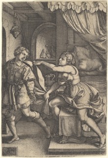 Joseph strides away from Potiphar's wife, who clutches his cloak with both hands as she st..., 1546. Creator: Georg Pencz.