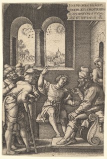 Joseph explains his dream to his brothers and father in an interior setting; the sun, moon..., 1544. Creator: Georg Pencz.