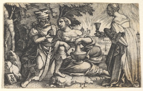 Lot and his daughters: a daughter at center rests her right arm on Lot's knee and a ve..., ca. 1531. Creator: Georg Pencz.