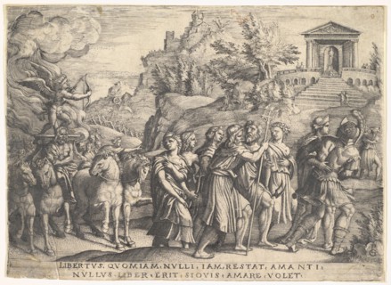Triumph of Love: four horses draw a carriage with Cupid standing upon a smoking platfo..., ca. 1539. Creator: Georg Pencz.