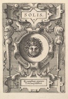 Bust of Sol surrounded by strapwork, from the series 'Deorum dearumque,' a set of images o..., 1573. Creators: Gerard van Groeningen, Johannes van Doetecum I, Lucas van Doetecum.