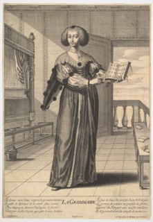 Grammar: a young woman standing in a decorated interior holding an open book in her lef..., 1633-35. Creator: Gilles Rousselet.