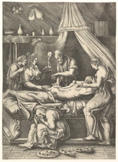An allegory of sickness, man laying prostrate on a bed surrounded by figures, ca. 1540. Creator: Giorgio Ghisi.