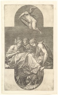 Three Muses and a Putto with a Lyre, a cruciform composition, from a series of eight comp..., 1560s. Creator: Giorgio Ghisi.