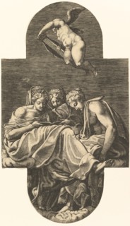 Three Muses and a putto above with a lyre, from a series of eight compositions after Fran..., 1560s. Creator: Giorgio Ghisi.