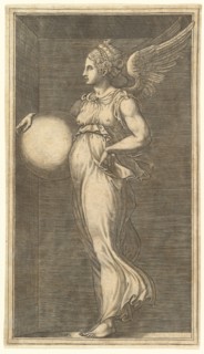 Female Winged Allegorical Figure Holding a Sphere, 1558/1559. Creator: Giorgio Ghisi.