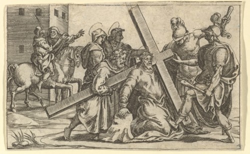 The Virgin of Sorrows: Christ Bearing the Cross; one of nine surrounding compartments f..., by 1575. Creator: Giorgio Ghisi.