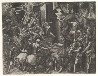 The Fall of Troy and Escape of Aeneas, mid-1540's. Creator: Giorgio Ghisi.