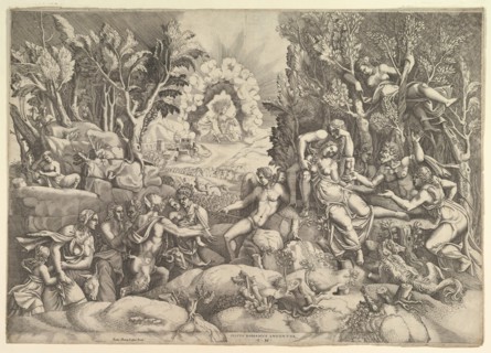 The Death of Procris; Cephalus mournig the death of Procris on the right surrounded by..., ca. 1540. Creator: Giorgio Ghisi.