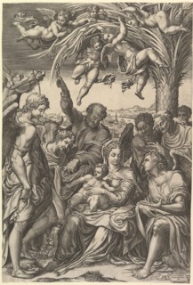 Rest on the Flight into Egypt; the Holy Family under a palm tree surrounded by angels, put..., 1578. Creator: Giorgio Ghisi.