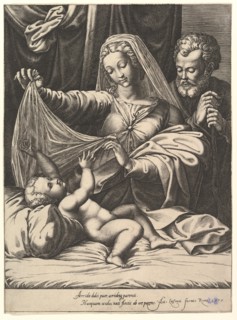 Madonna of Loreto, the Virgin lifts a veil above the Child, who lies on a bed and pillow..., 1575. Creator: Giorgio Ghisi.