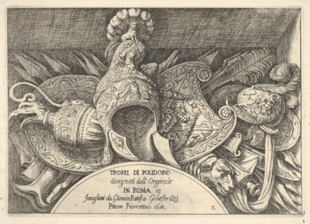 Plate 5: trophies of Roman arms from decorations above the windows on the second floor of ..., 1658. Creator: Giovanni Battista Galestruzzi.