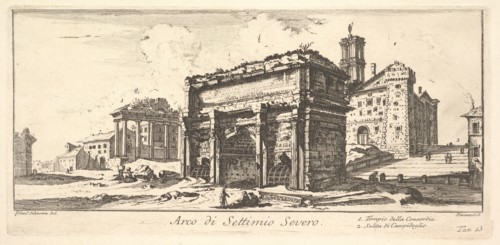 Plate 13: Arch of Settimius Severus 1. Temple of Concord. 2. Ascent to the Capitoline ..., ca. 1748. Creator: Giovanni Battista Piranesi.