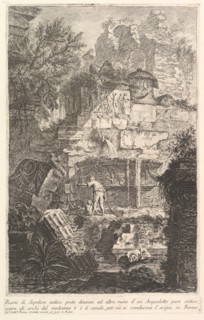 Ruins of an ancient tomb in front of ruins of an ancient aqueduct