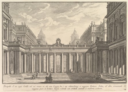 View of a courtyard with a loggia, fountains, statues, and other ornaments