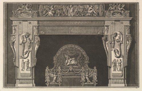 Chimneypiece: Frieze of trophies and winged Victories on the lintel, with cornucopias ..., ca. 1769. Creator: Giovanni Battista Piranesi.