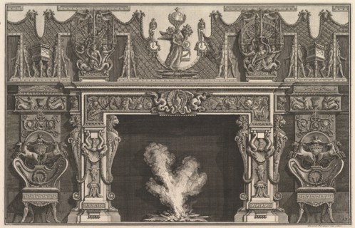 Bird in shell at the center of the lintel, with a frieze of trophies, surmounted by an..., 1769