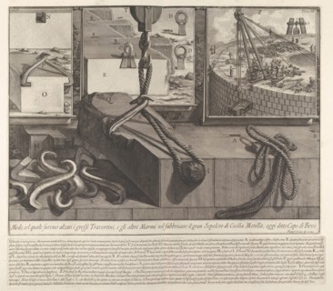 Demonstration panel showing technique for raising travertine and marble blocks for the con..., 1756. Creator: Giovanni Battista Piranesi.