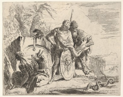 Three figures and a snake coiled around a staff, surrounded by a landscape, the ce..., 18th century. Creator: Giovanni Battista Tiepolo.