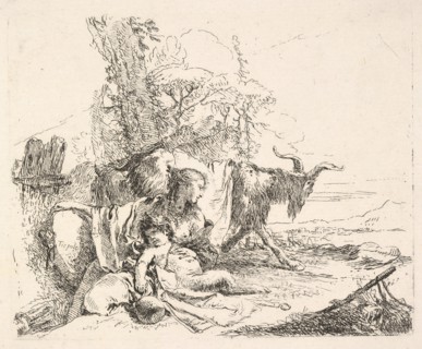 Woman and infant satyr in a landscape, the woman twisting to look over her left sho..., ca. 1740-42. Creator: Giovanni Battista Tiepolo.