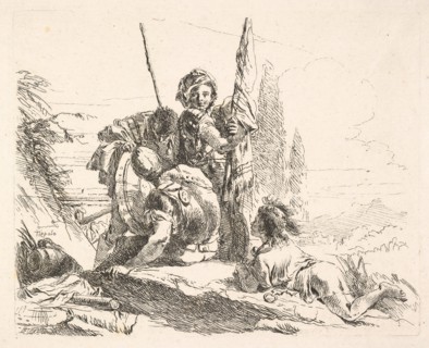 Three soldiers and a youth lying on his abdomen in a landscape, the soldiers bear a..., ca. 1740-42. Creator: Giovanni Battista Tiepolo.
