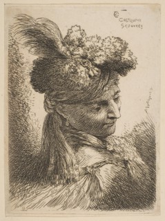 Young man facing three quaters right wearing a fur headdress with a plume, jewel an..., ca. 1645-50. Creator: Giovanni Benedetto Castiglione.